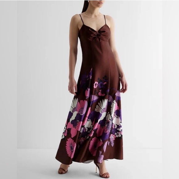 Express Dresses & Skirts - NWOT Express Satin Floral Twist Front Maxi Slip Dress Spaghetti Straps Size M